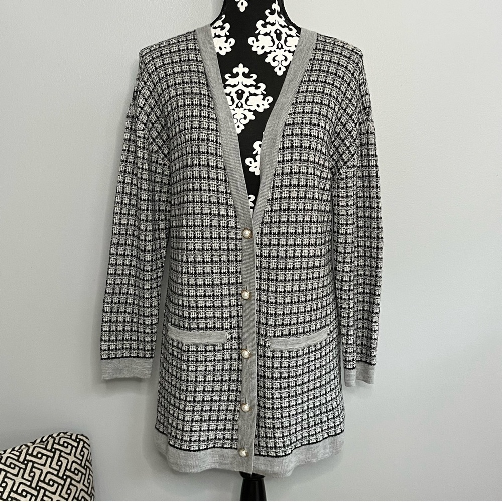 Talbots 100% Merino Wool Long Cardigan Size Large Petite Old Money Tweed Neutral